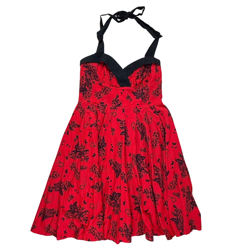 Hell Bunny Large Dress Rockabilly Pinup Red Cotton Butterfly Halter